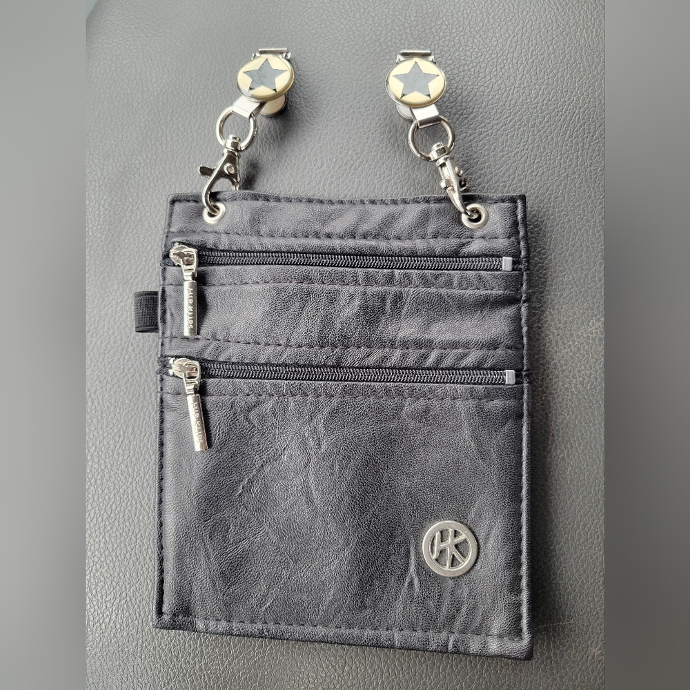 HIP KLIPS Black Leather Double Zipper Hands-Free Clip-On Pouch/Bag